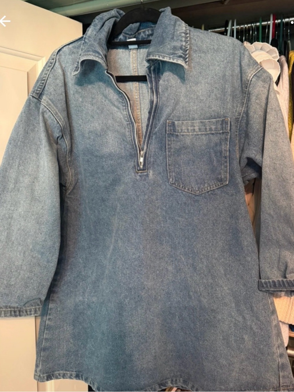 Women's Washed Light Blue Denim Mini Dress with Half-Zip Collar